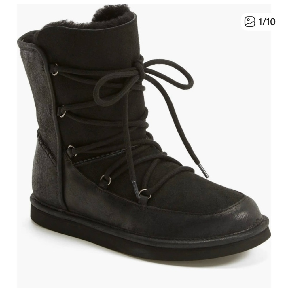 Ugg Lodge Lace Up Water Resistant Boots 8 Black Sherpa Lined Cozy Winter Warm